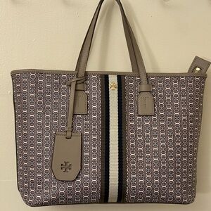 Tory Burch Tan and Black Tote Bag with Monogram Pattern